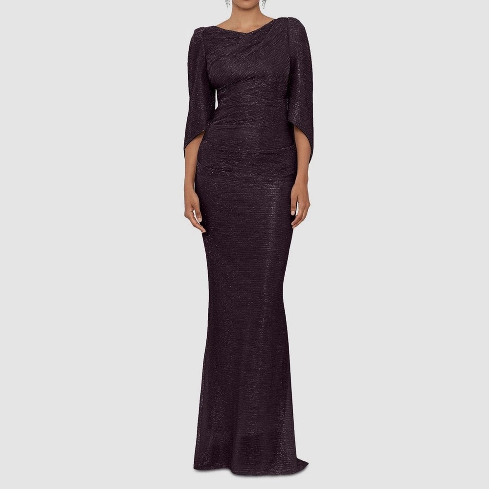 Betsy & Adam Purple Metallic Cape Sleeve Gown SZ 12 NWT Formal Evening Dress MOB